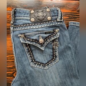Miss Me Ankle Jeans Dark Wash Thick White Stitching Rhinestone Y2K Size 27